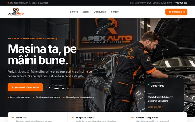 Example website built for a fictional car repair shop: hero with a booking button, services and opening hours